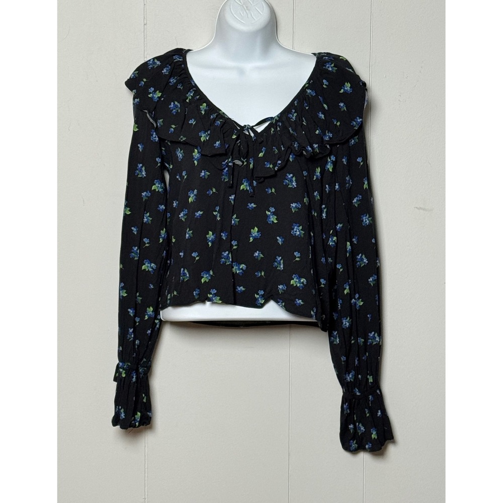 WeWoreWhat Black Blue Floral Ruffle V-Neck Tie Blouse Smocked Cuffs Size Small